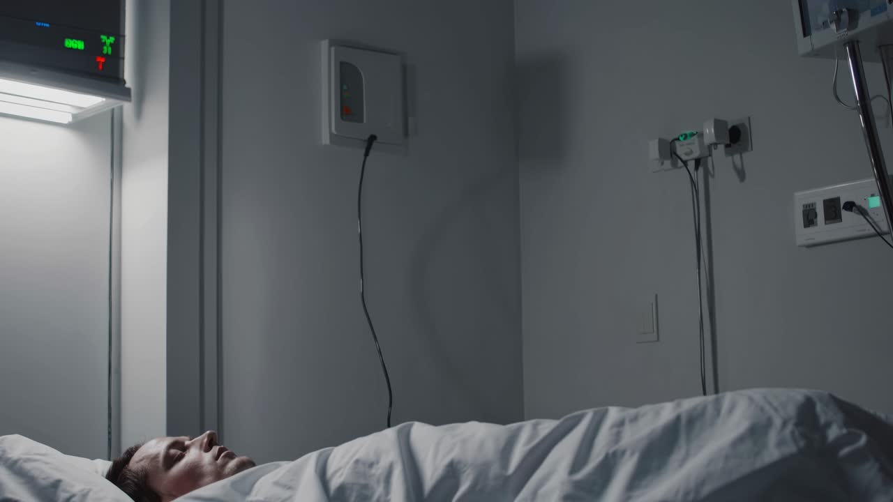 A somber hospital room scene with a patient in bed, captured from a side angle