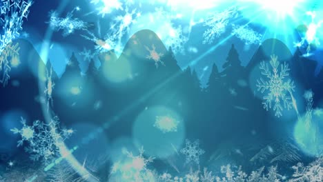 Animation-of-christmas-snow-falling-over-christmas-decorations-on-blue-background