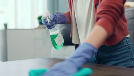 spray, hands and woman cleaning table