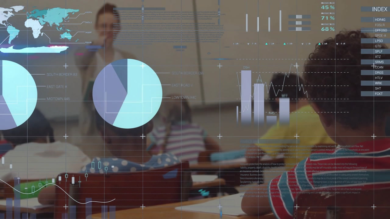 Animation of multicolored infographic interface, diverse female teacher giving lessons to students