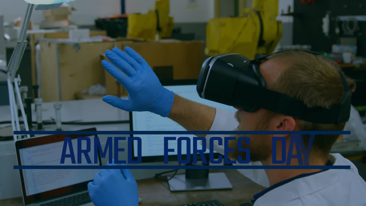 vr 헤드을 사용하는 남성에게 무장 세력의 하루 텍스트 애니메이션