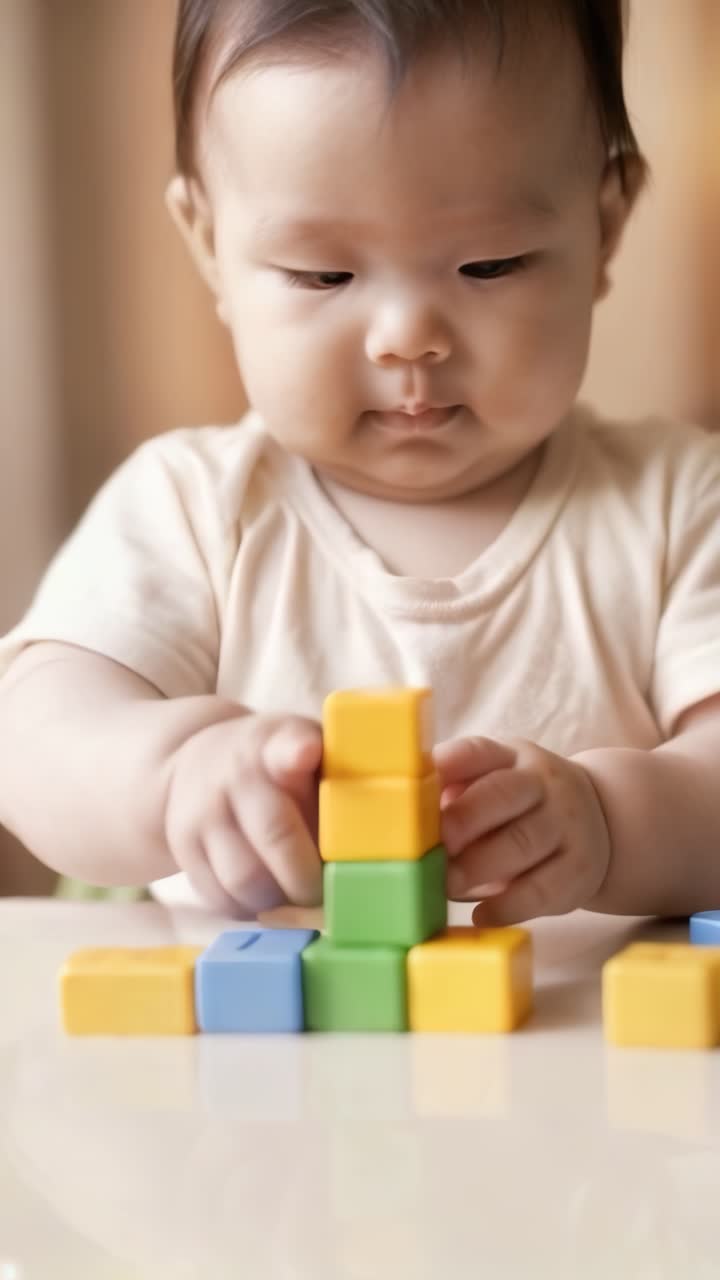 Concentrated asian toddler playing with colorful cubes