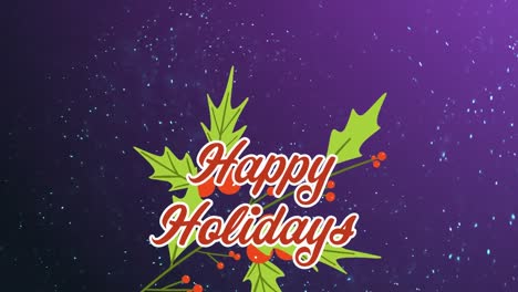 animation of happy holidays an ivy over violet background with snow