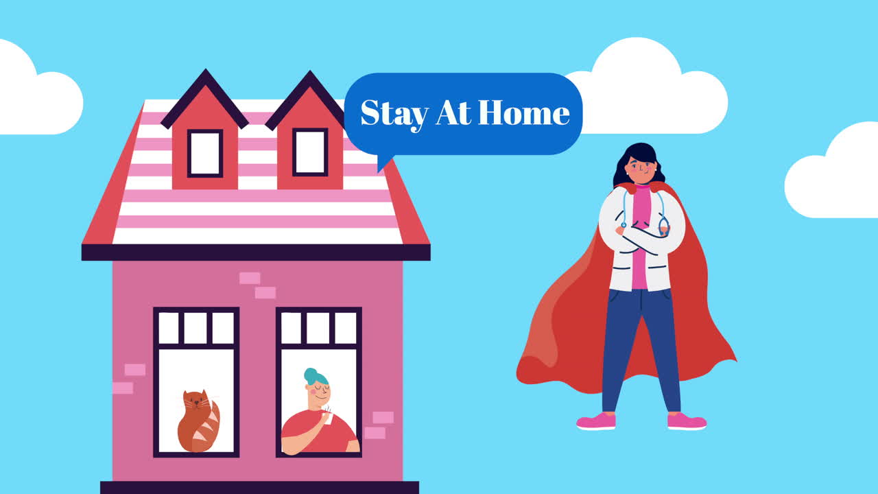 영웅의 망토와 건물을 입은 여성 의사