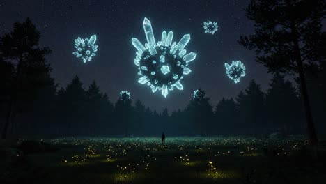 a mysterious night in the forest: ethereal crystal structures hover over a lush field illuminated by stars and subtle lights