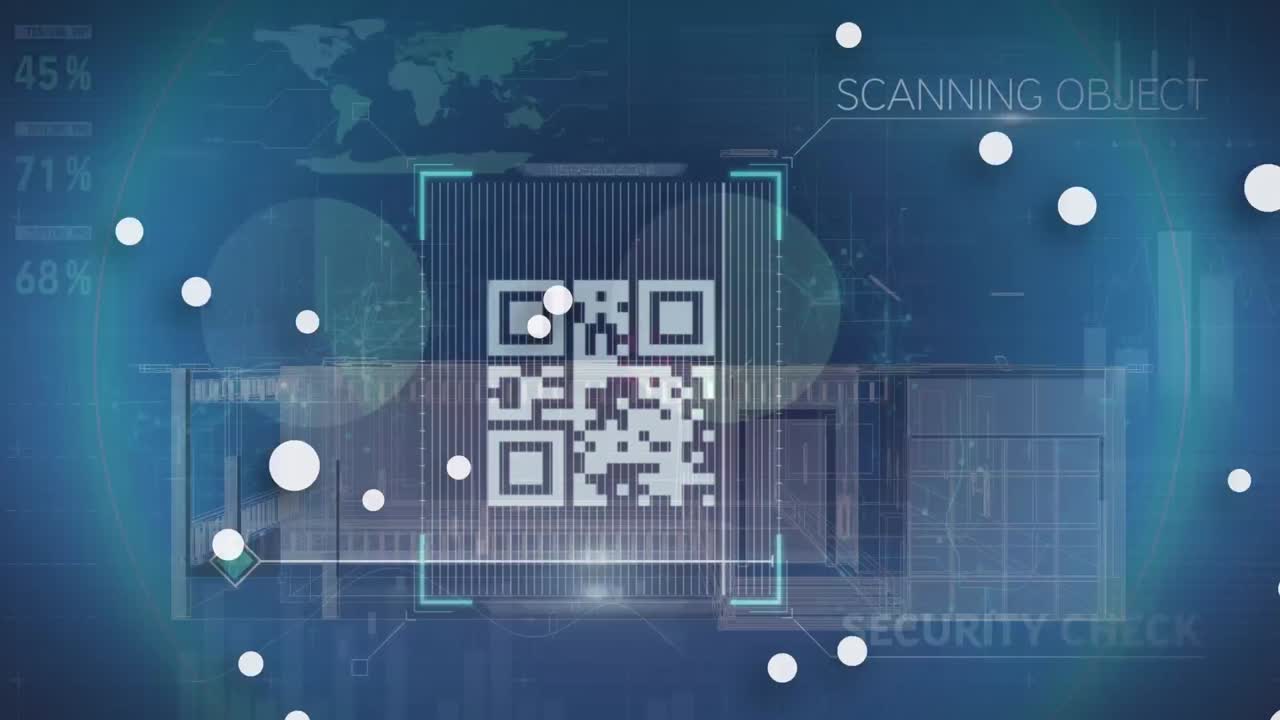 animación de escáner de código qr de neón sobre modelo de casa y procesamiento de datos estadísticos
