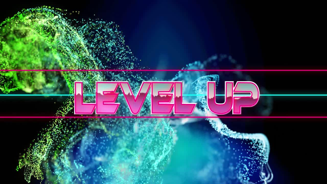 추상적인 배경에 파동을 형성하는 동적 점 위의 선 사이에 레벨 업 텍스트의 애니메이션