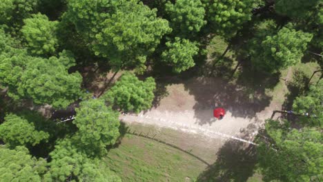 aerial topdown view of flying alongside a hiking trail in the mountains