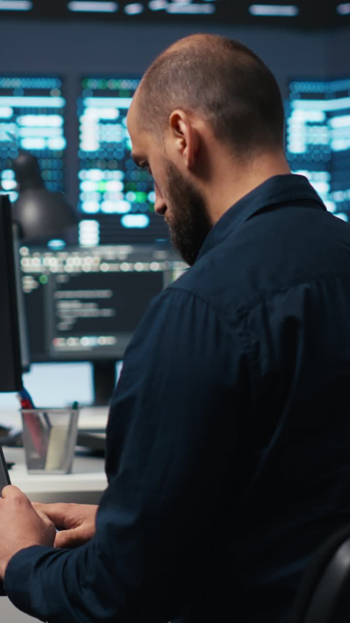 Man Typing on Laptop in Server Room with Data Screens