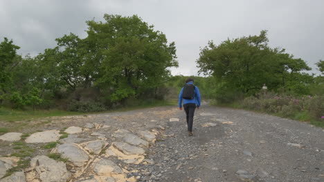 Young-man-with-backpack-hiking-walking-in-the-mountain-road