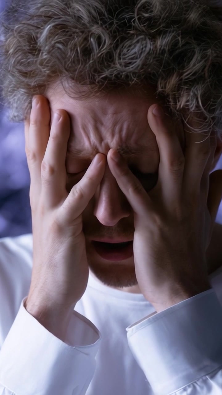 An Emotional Journey Captured: A man experiencing a moment of distress, hands covering his face in a display of deep frustration and vulnerability amidst a blurred backdrop.