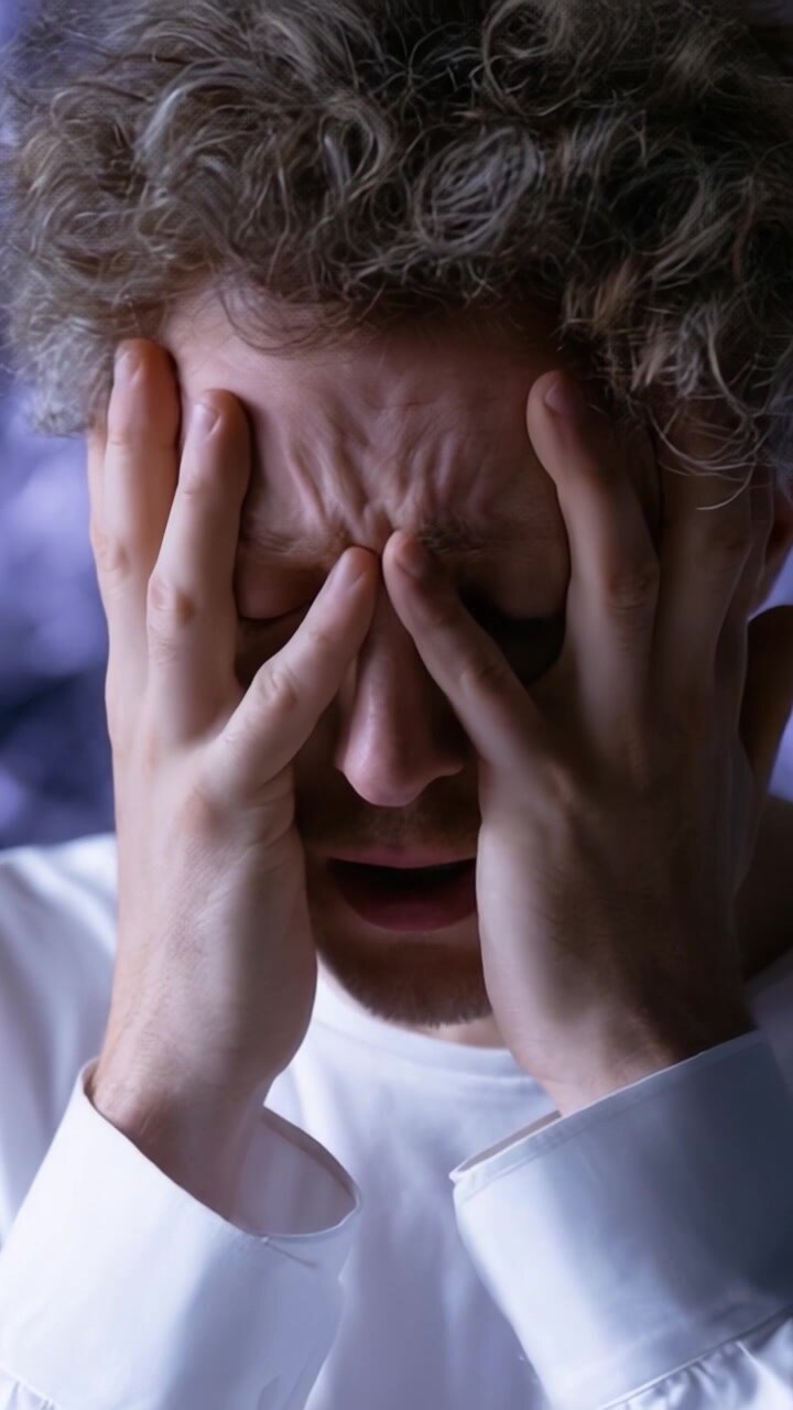 An Emotional Journey Captured: A man experiencing a moment of distress, hands covering his face in a display of deep frustration and vulnerability amidst a blurred backdrop.