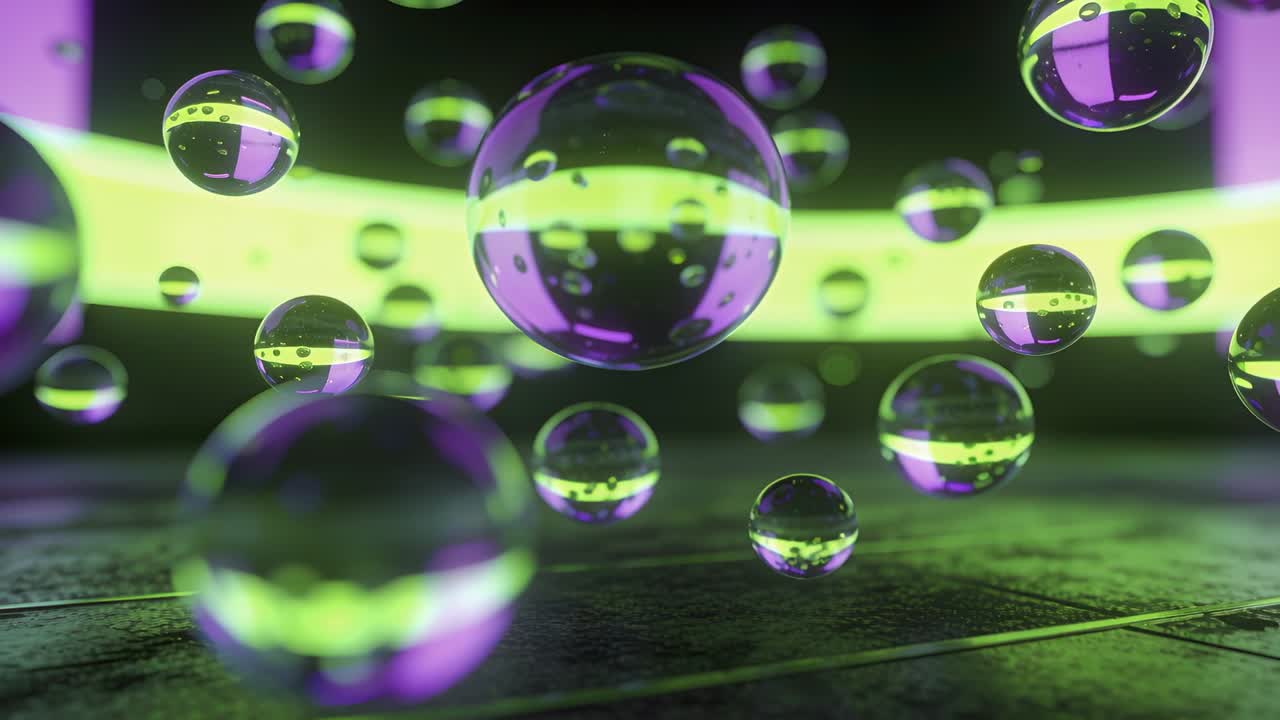 Gruppo di sfere di vetro che si spostano verso l'interno dopo l'emersione, mostrando un bagliore neon verde e viola per il design.