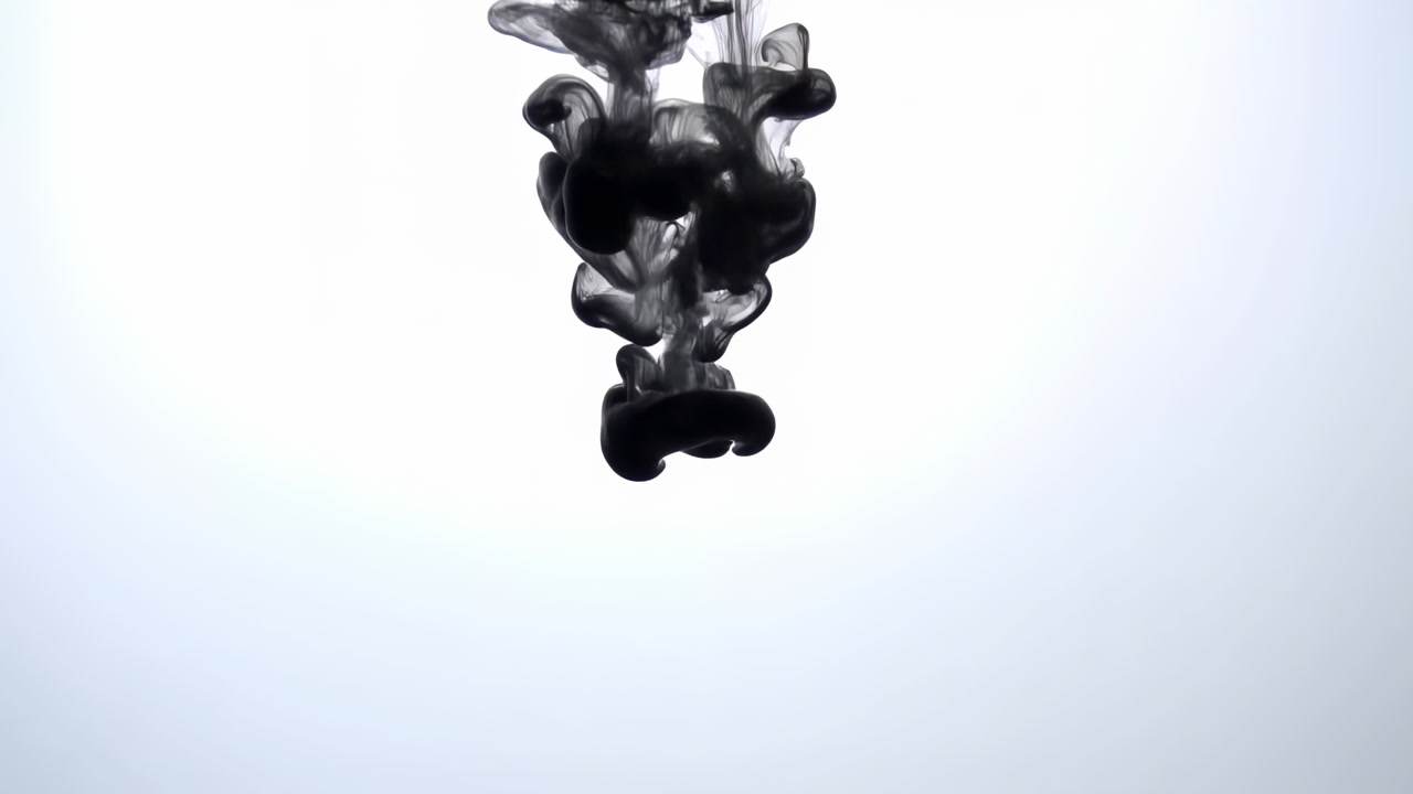 Black Ink Falling In Water, Forming Dark Swirling Plume Against Pale Studio Background, Slow Diffusion
