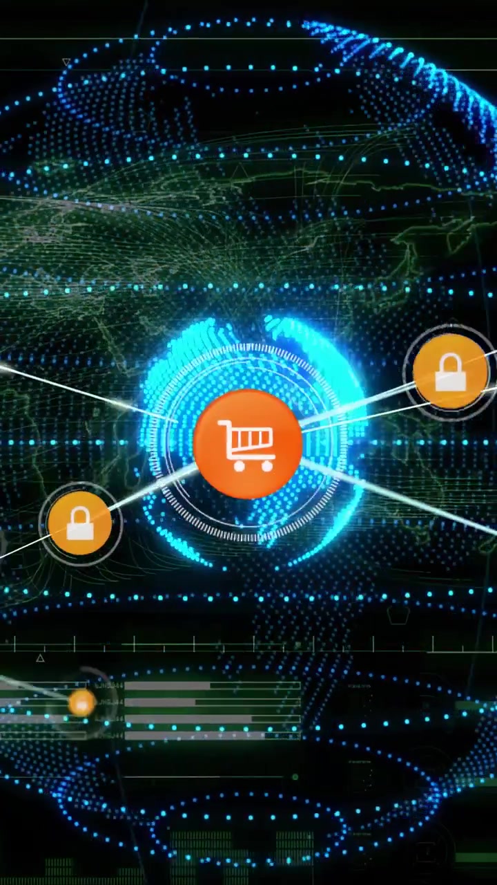 Video verticale: Globo olografico che espande un carrello centrale, inviando linee a lucchetti, mostrando la fiducia nell'e-commerce.
