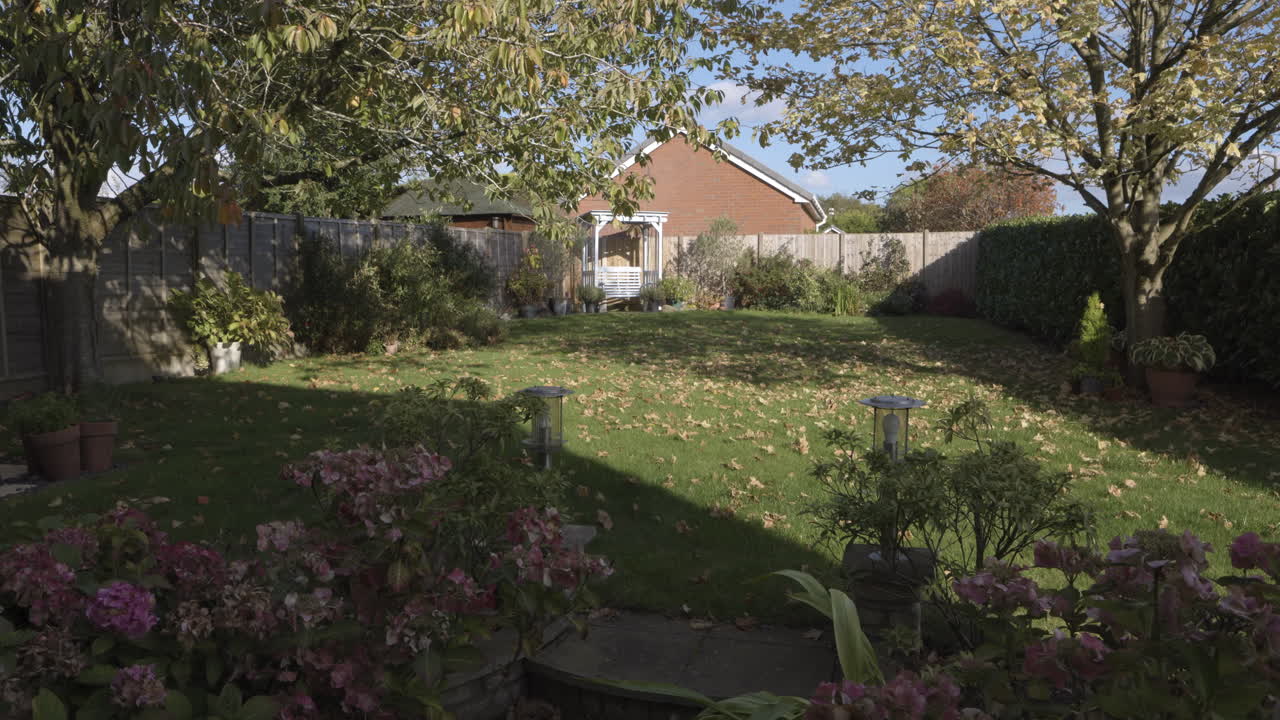 A serene garden with flowers, trees, and a well-maintained lawn
