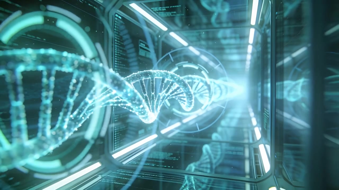La telecamera che avanza rivela un'elica di DNA olografica che ruota all'interno di un corridoio di vetro con HUD che si allinea.