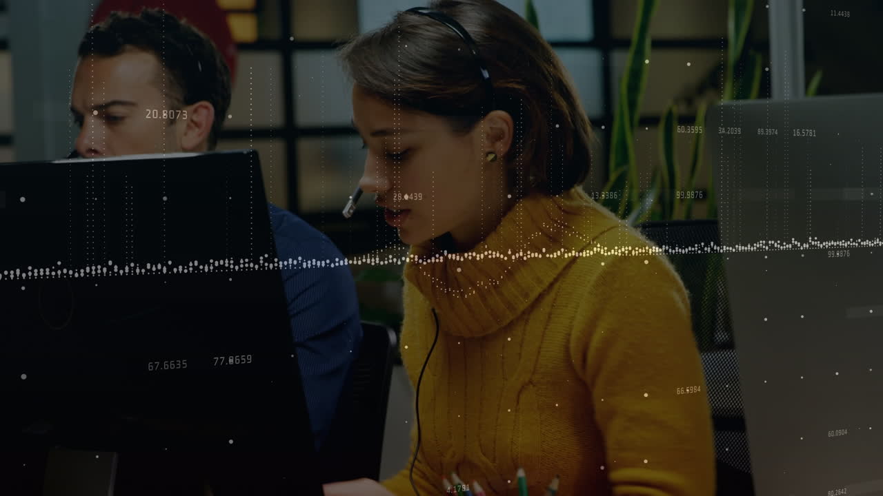 Animation of financial data processing over diverse business people with headsets