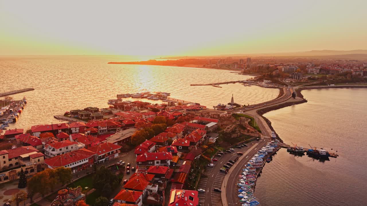 Sunset over the historic village of Nesebar in Bulgaria by the coast
