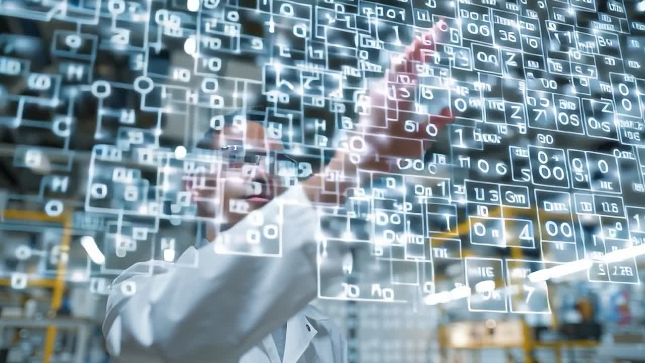 Expert engages with digital interface in modern tech lab setting