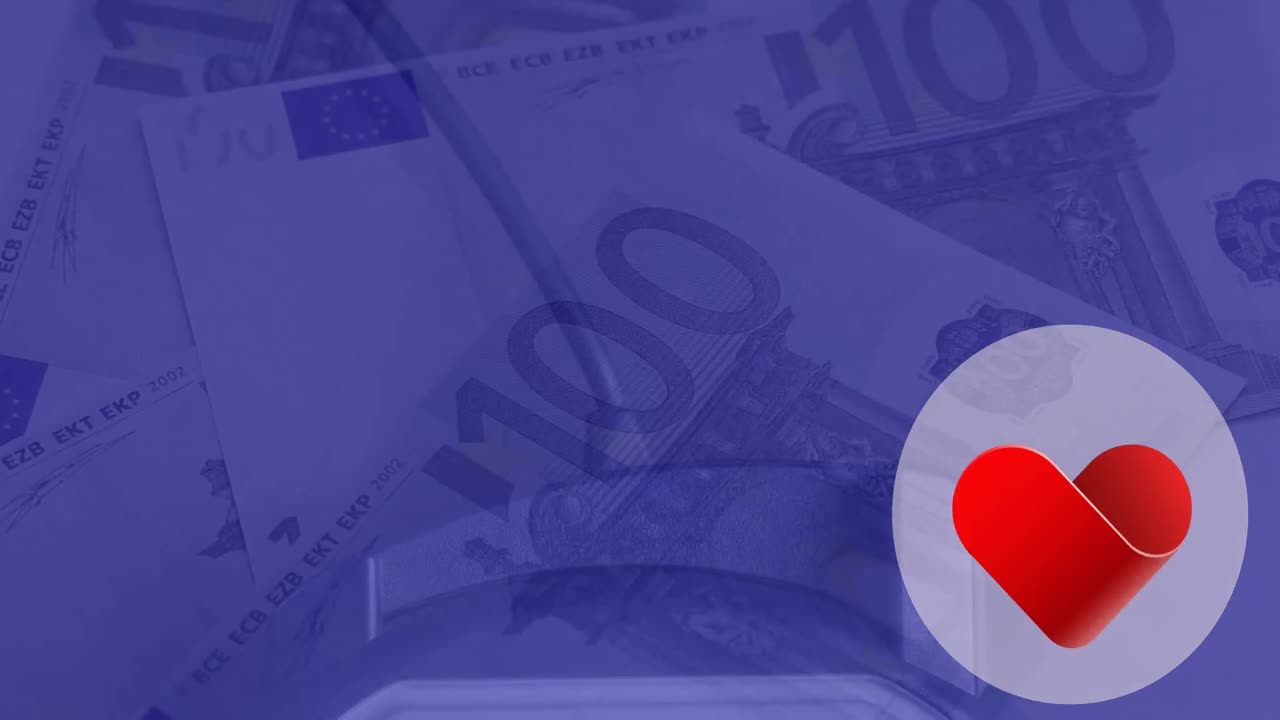 Animazione di un'icona a forma di cuore su banconote.