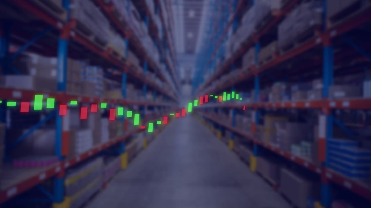Animatie van financiële gegevensverwerking met statistieken over een magazijn.