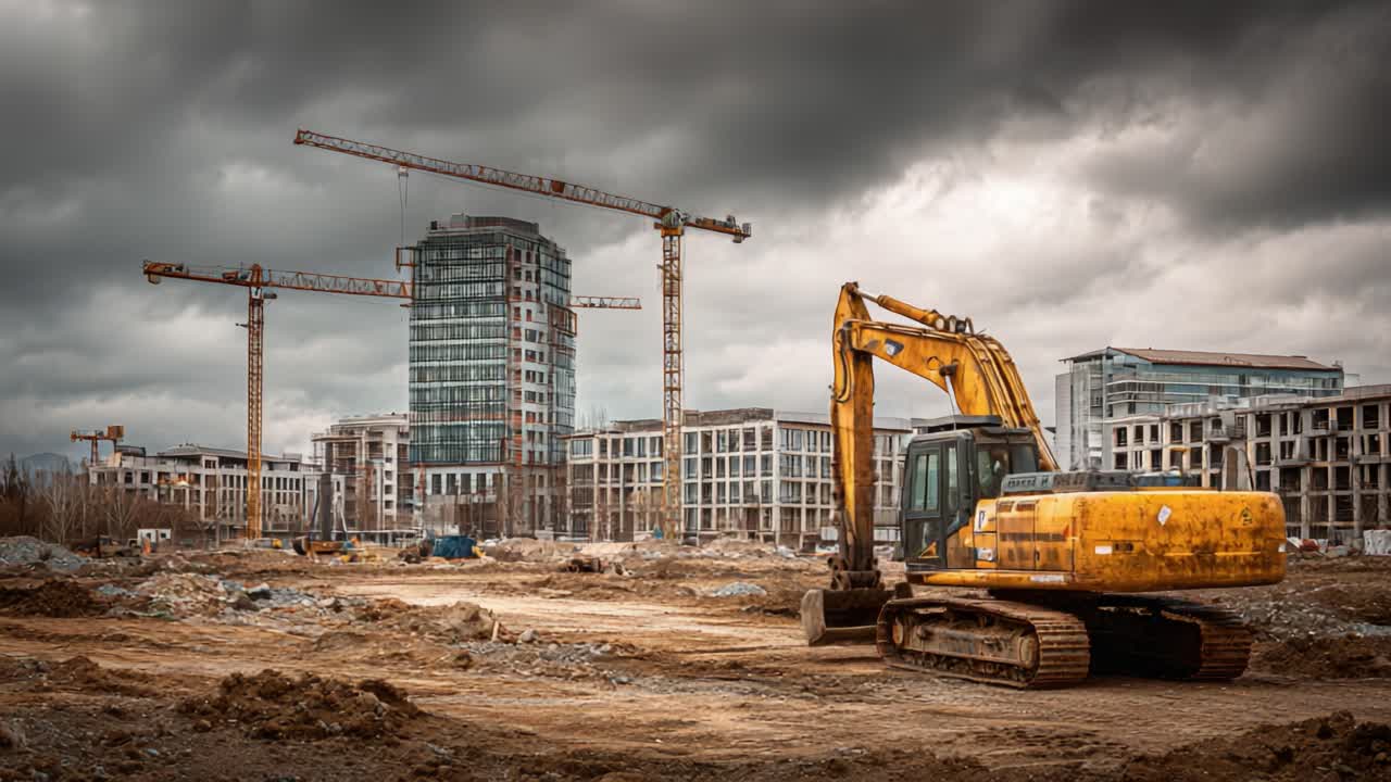 A Dramatic Urban Construction Site with Heavy Machinery and Tower Cranes Under Brooding Skies Showcasing Ongoing Development and Progress in a Cityscape