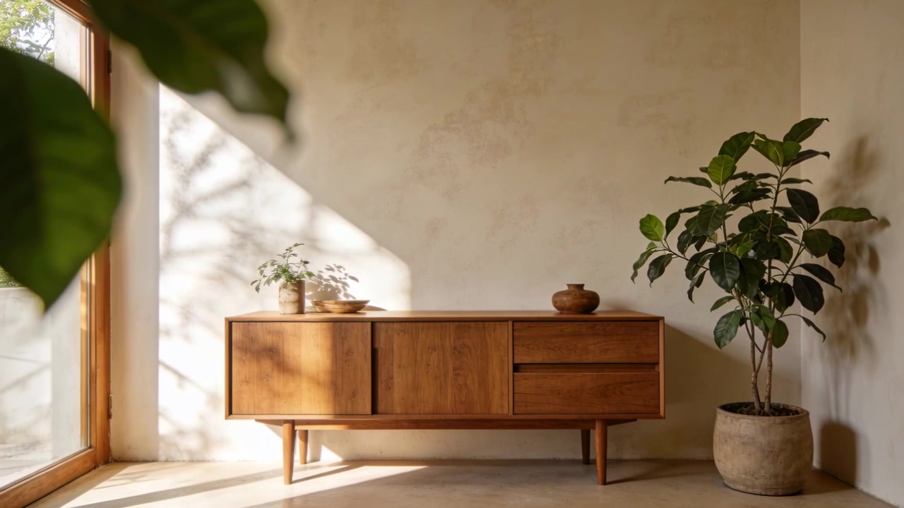 Shifting sunbeam across midcentury wooden sideboard in calm corner, breeze moving foreground leaves