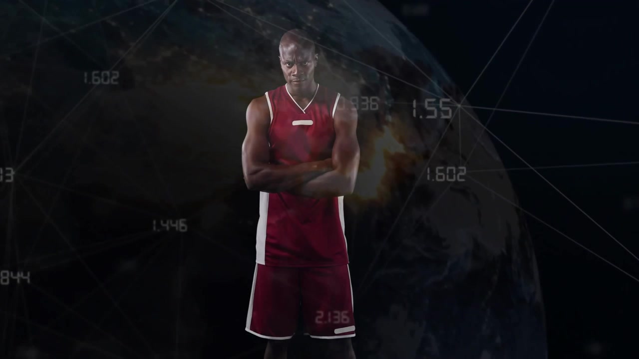Basketball player lifting gaze and crossing arms while rotating data globe boosting analytics
