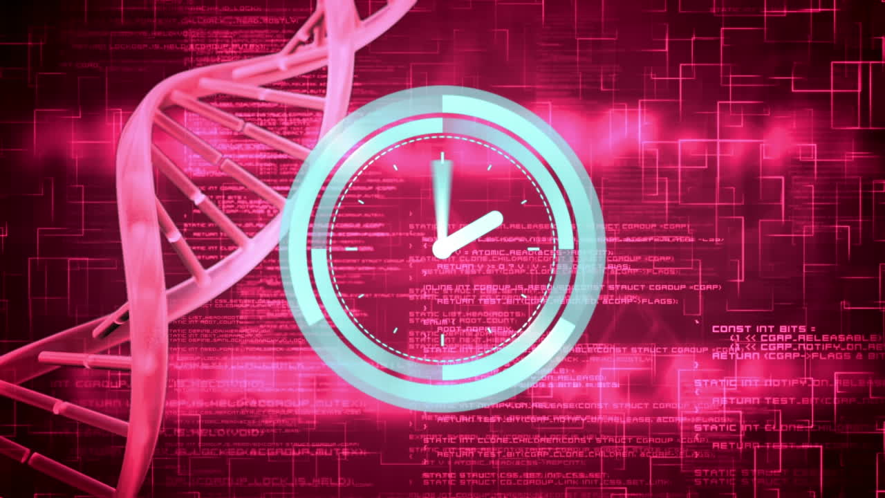 Animazione di orologio digitale, elica del DNA su linguaggio informatico su sfondo astratto
