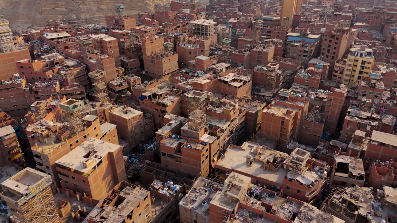 Zabaleen area in Cairo with piles of garbage - drone view