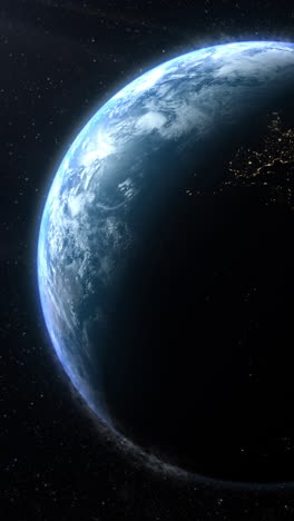 vertical format : a cinematic rendering of planet earth during sunrise as view from space with vibrant blue sky atmosphere