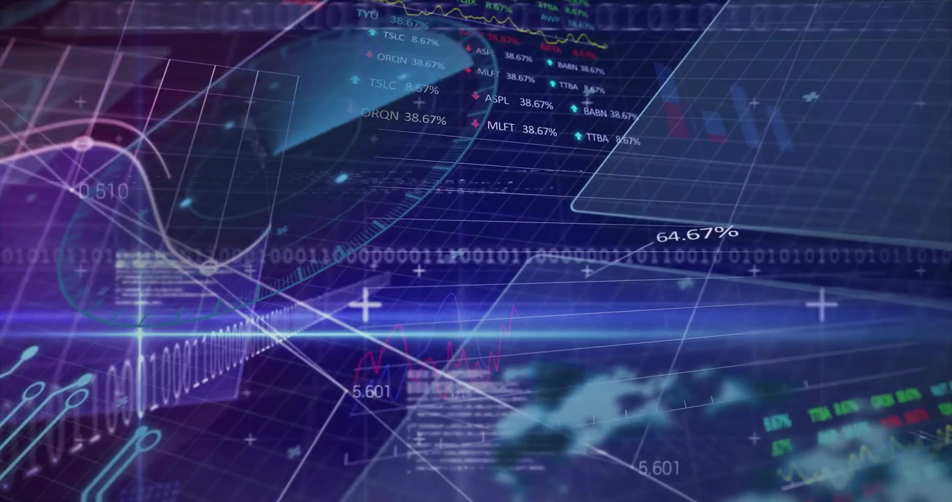 Blue streak data field responding to data feed, revealing tech insights with charts, binary tunnel