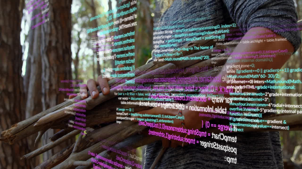 Person carrying sticks with colorful coding animation overlay in forest setting