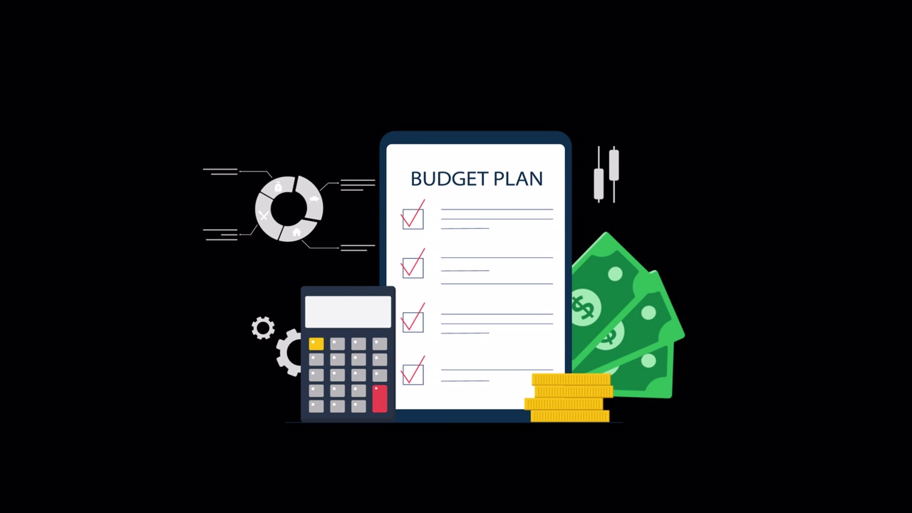Checklist animata per la pianificazione del budget con calcolatrice e denaro