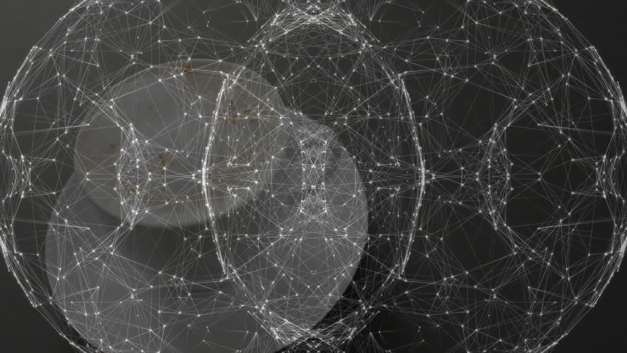 White ceramic coffee cup being visualized on dark table showing abstract network mesh overlay in 3D