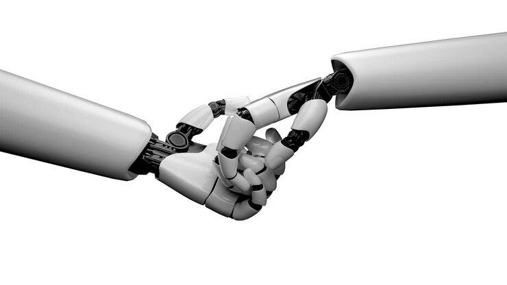 Robot hand on white background and green screen generated by 3D rendering.