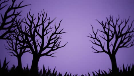 a mysterious scene with silhouetted trees against a twilight purple sky, creating a haunting and enigmatic atmosphere within nature's embrace