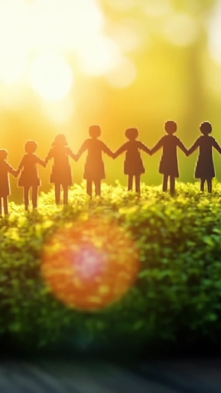 Unity among diverse figures in nature. Silhouettes of diverse figures stand together on a grassy hill, illuminated by sunlight in a serene outdoor setting.