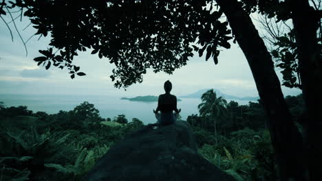 woman meditating on a rock with ocean view