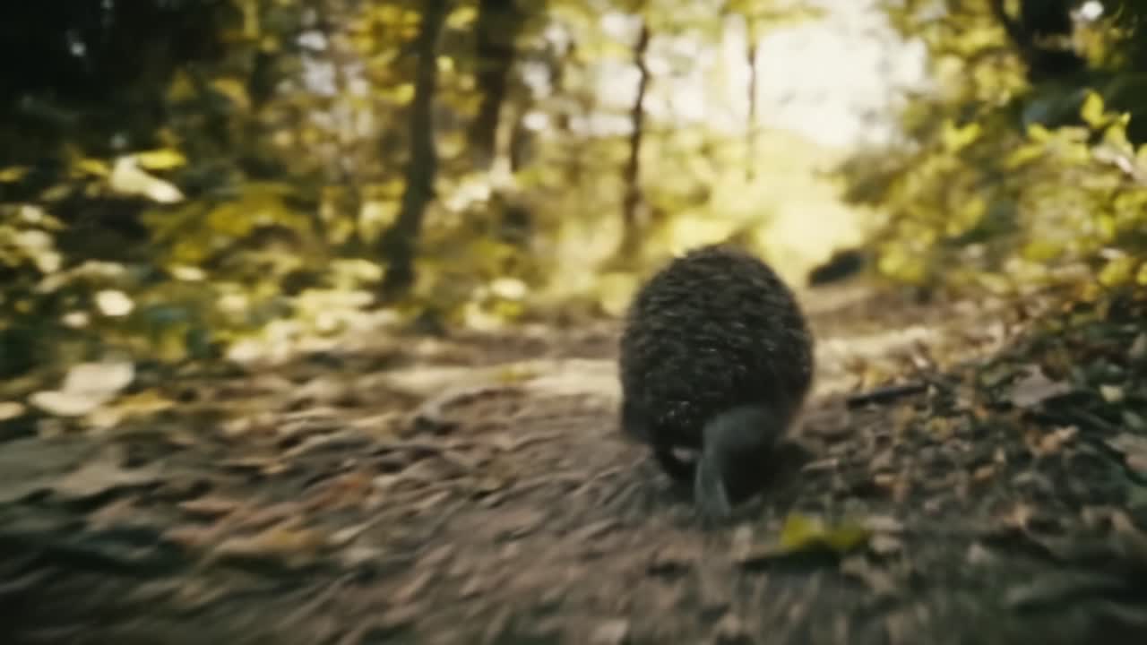 Un curioso riccio si aggira libero per un sentiero soleggiato nella foresta, esplorando le meraviglie della natura e abbracciando la bellezza della natura selvaggia