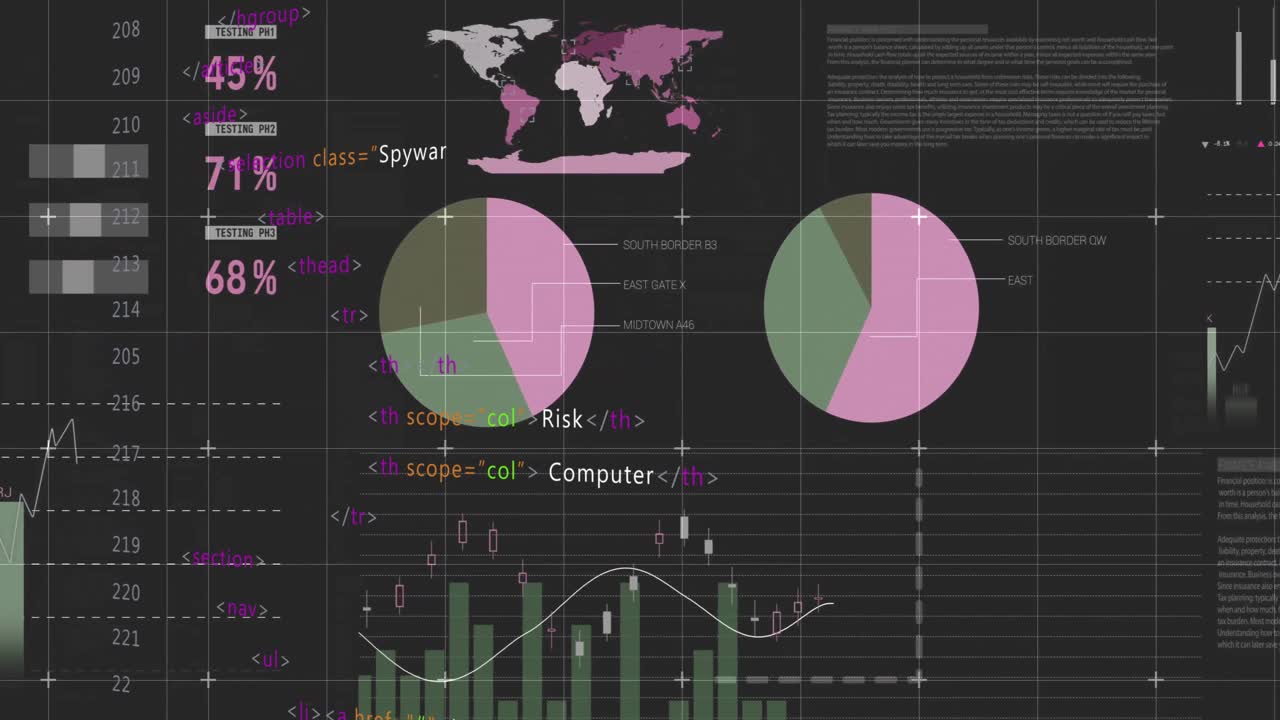 Data analytics dashboard displaying HTML code overlaying pastel charts in dark-themed illustration