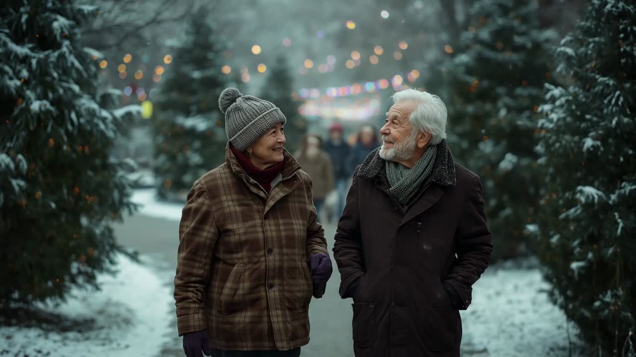 Entering snowy market path, elderly couple sharing warm glances while walking under strung lights