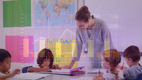 maestro ayudando a los niños con el trabajo escolar, análisis de datos animación sobre la escena del aula