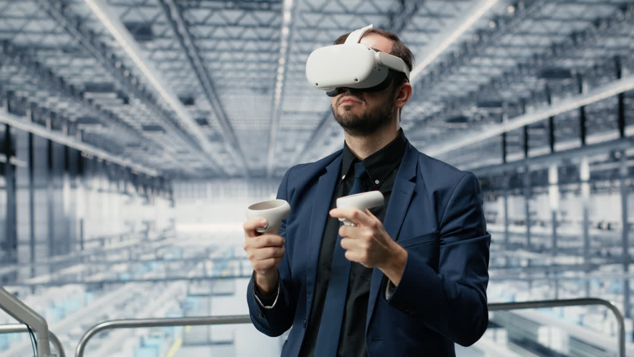 Innovating microchip production, VR goggles gear and man with coworker