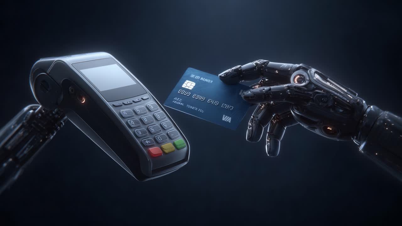 A futuristic robotic hand making a contactless payment with a credit card using an advanced payment terminal in a digital, minimalistic environment