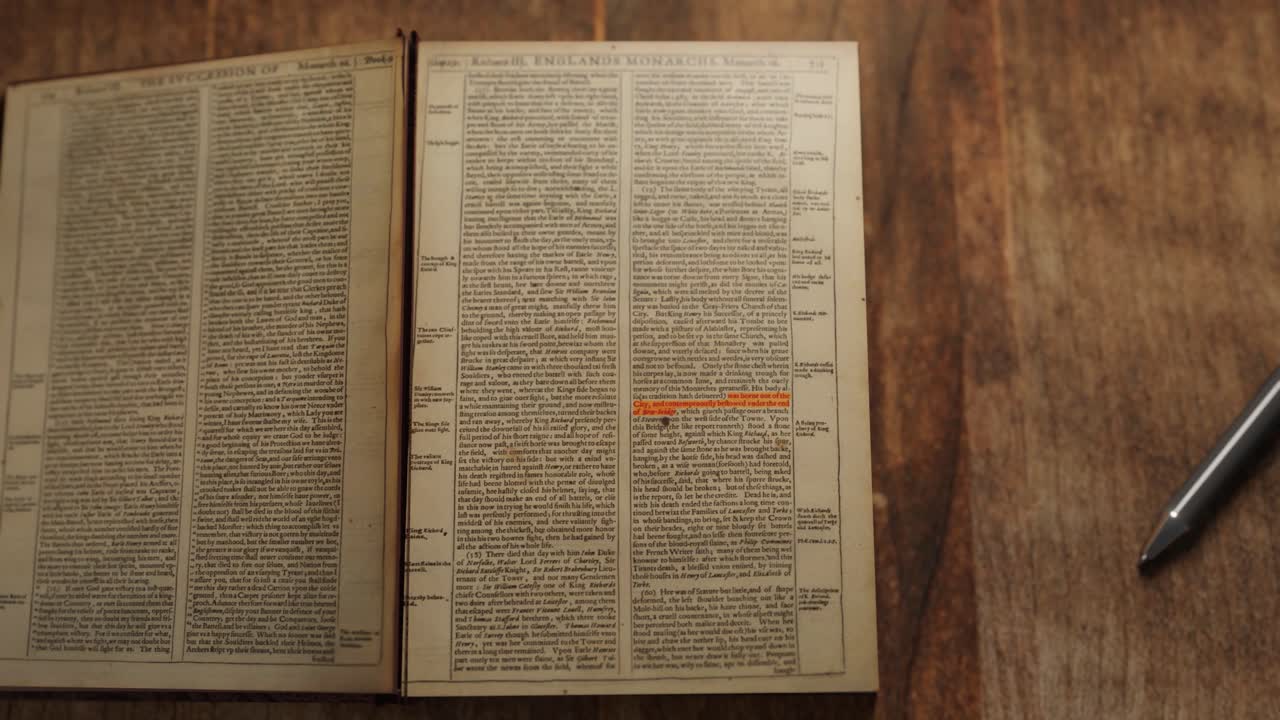 3D animation showing a zooming out view of an old book with highlighted text on a wooden table