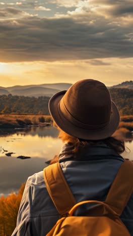 hiker enjoying sunset over reflective lake in autumn landscape