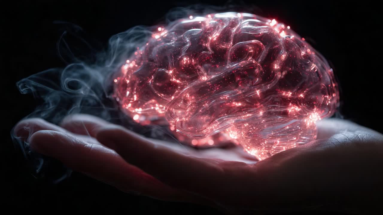 Una visualizzazione affascinante della mente: una mano sorregge un cervello trasparente e luminoso con intriganti pattern di luce ed effetti di fumo eterei