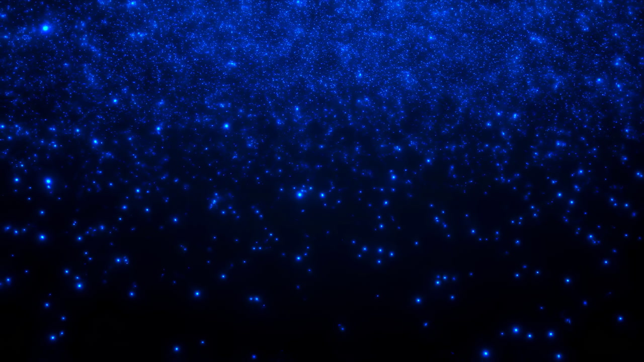 Blue Particle Shower Falling Softly Toward Camera, Tiny Luminous Specks Shimmer Like Underwater Or Starfield